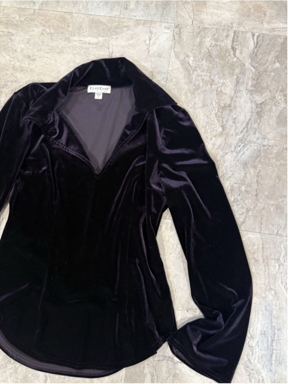 VTG Bebe Velvet Purple v-Neck Collar Flare Sleeve Top Y2K Grunge Slim Fit USA